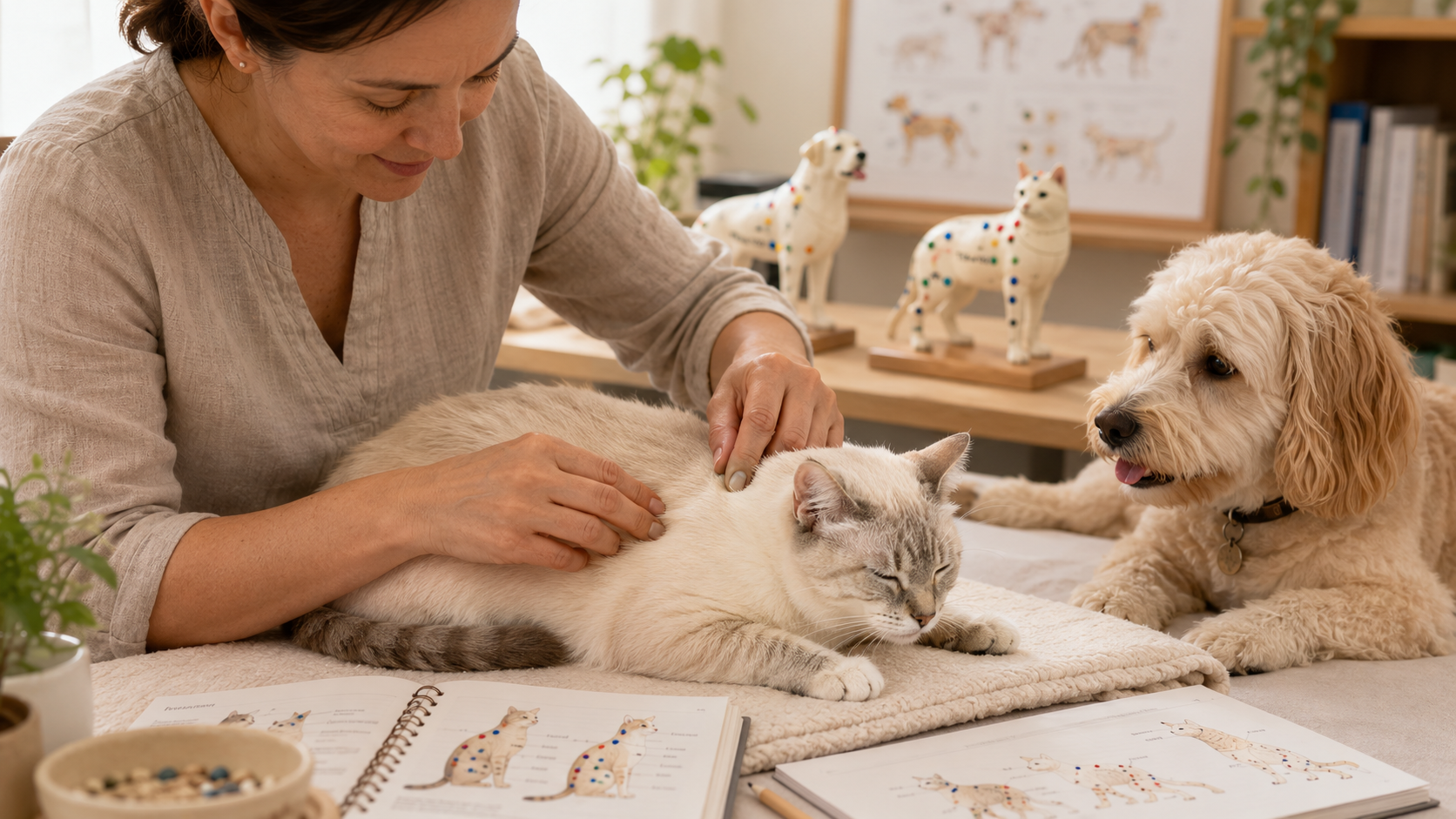 Calm cat receiving gentle wellness massage with a dog nearby and animal acupoint learning materials in the background