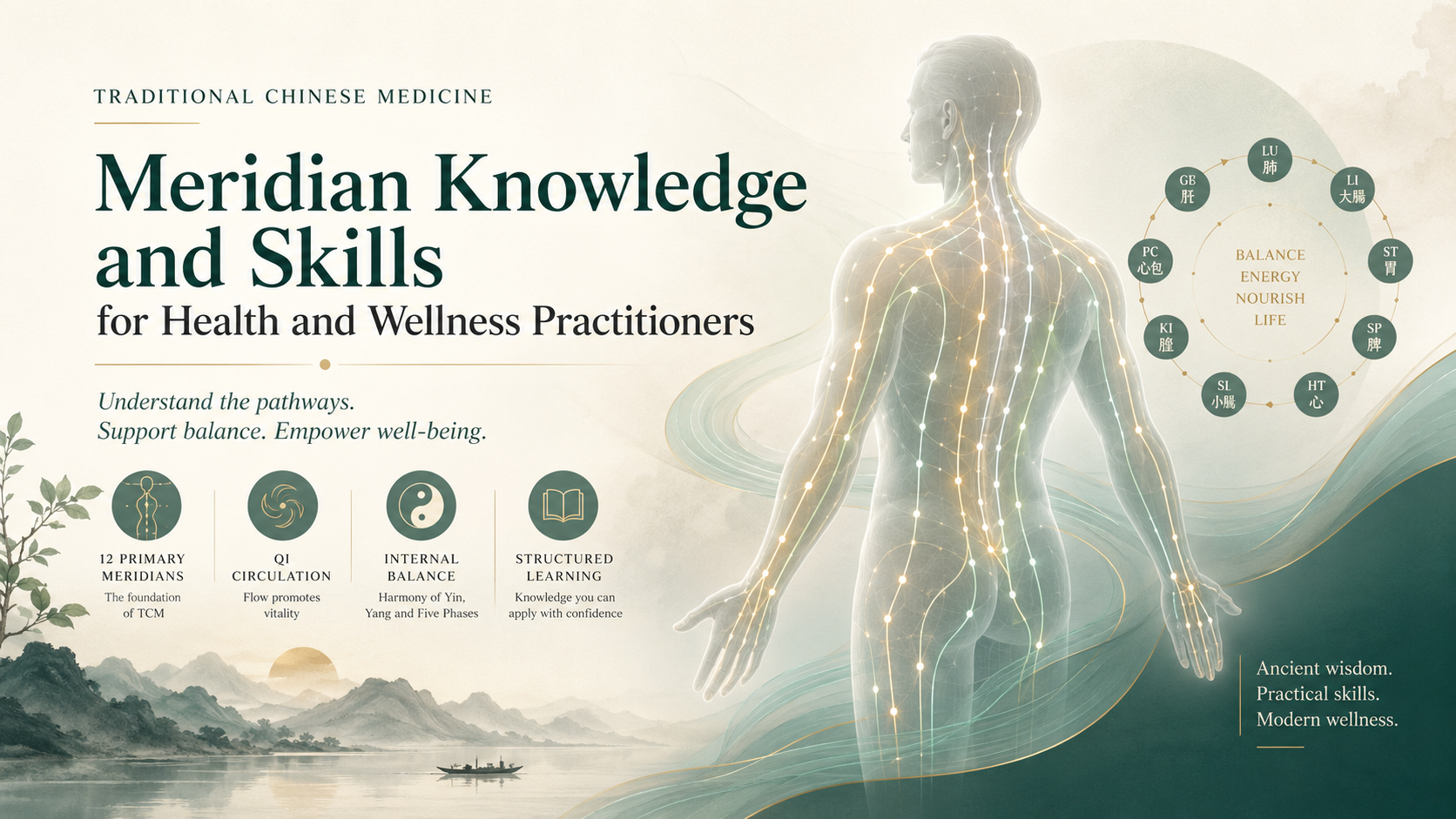 Meridian Knowledge and Skills course image representing meridian pathways, acupoints, Qi flow, wellness education and Traditional Chinese Medicine