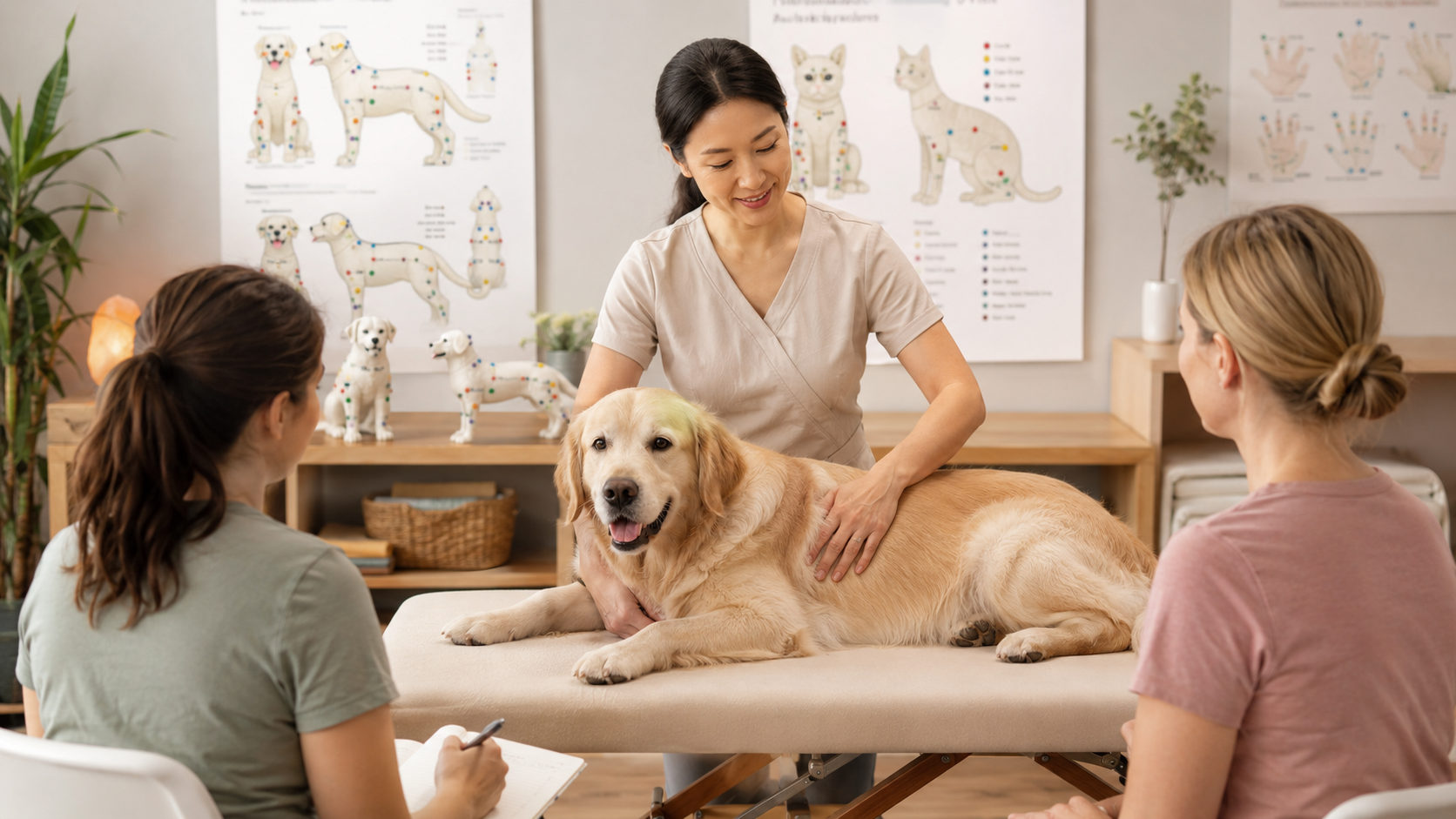 Trainer demonstrating gentle wellness massage on a calm dog while adult learners observe