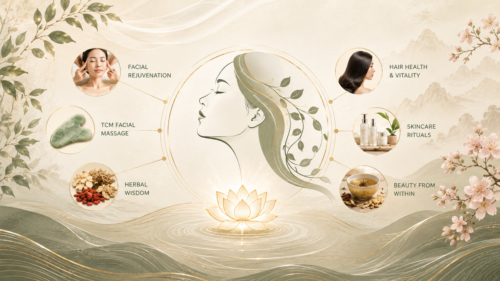 TCM cosmetology concept image showing facial massage, gua sha, healthy skin, hair vitality, herbal care and natural beauty