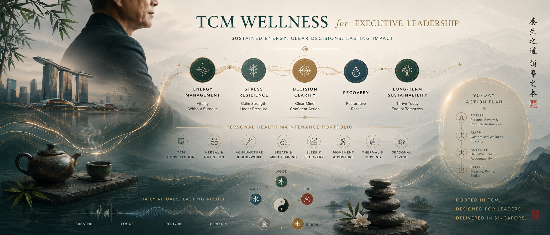 TCM executive wellness framework image showing energy management, stress resilience, leadership clarity, recovery and 90-day health action planning
