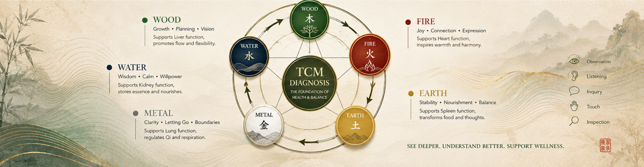 TCM Five Elements diagnosis concept image showing Wood Fire Earth Metal Water and essential diagnostic thinking