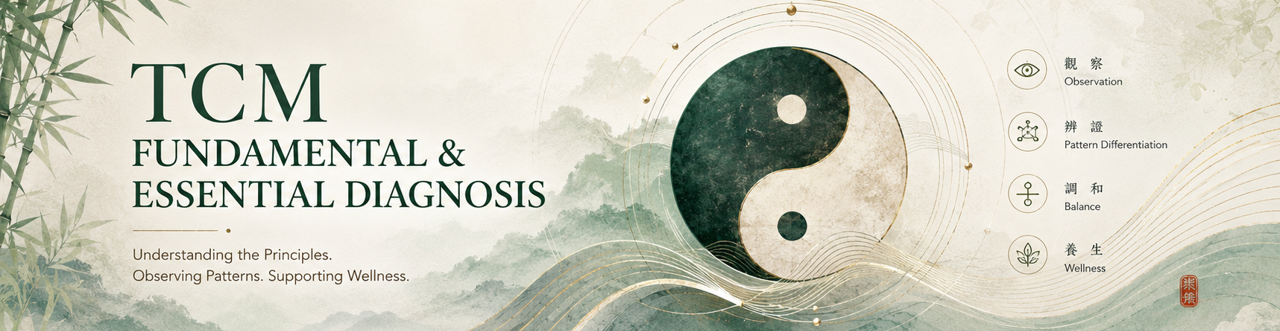 TCM Fundamental and Essential Diagnosis course image with Yin Yang, observation, pattern differentiation, balance and wellness