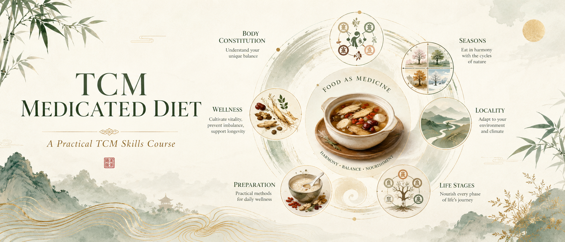 TCM medicated diet concept image showing food, herbs, body constitution, seasons, locality and wellness planning