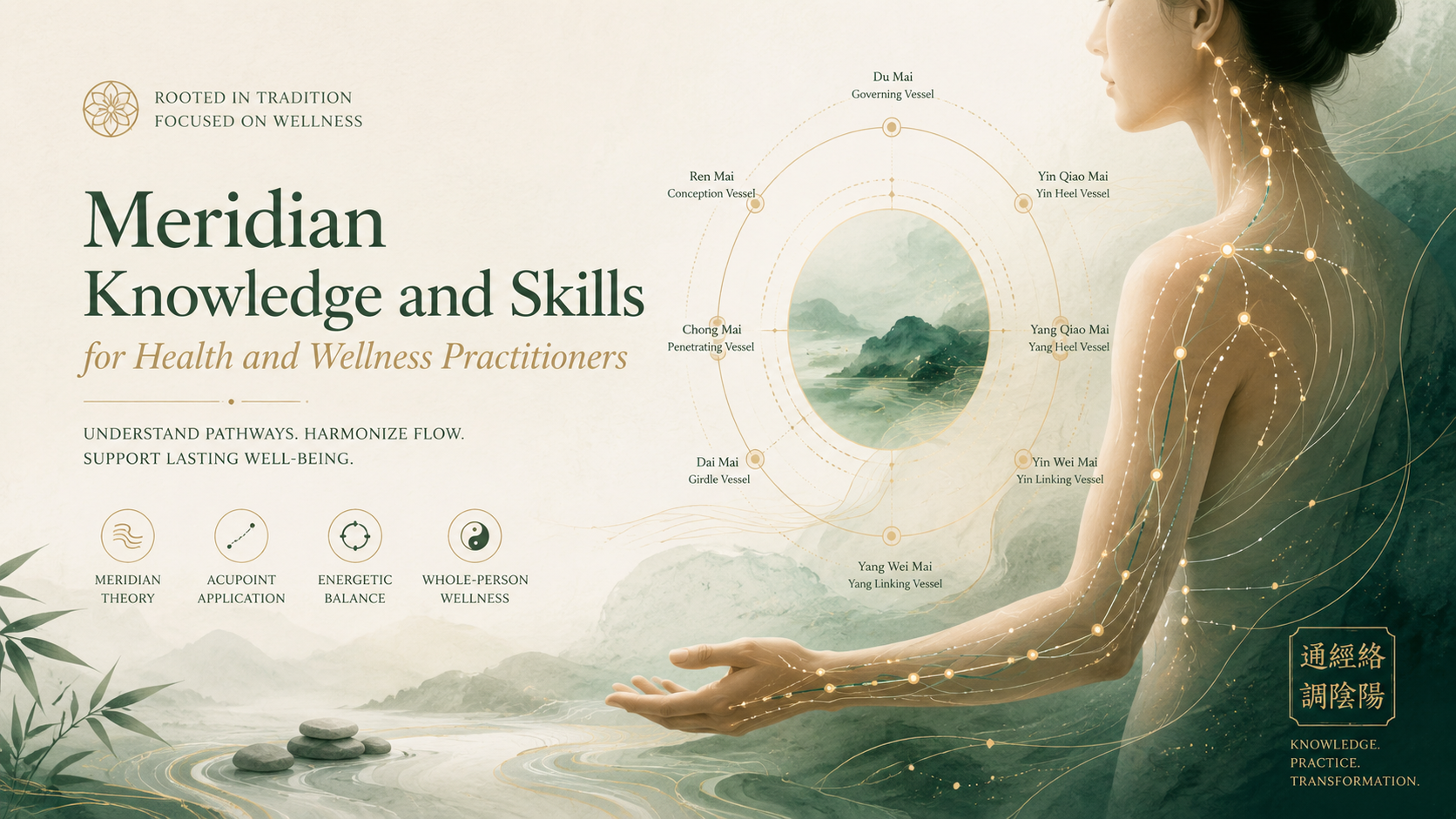 Meridian system and acupoint concept image showing 12 meridians, Eight Extraordinary Meridians, 120 acupoints, Qi flow and wellness application