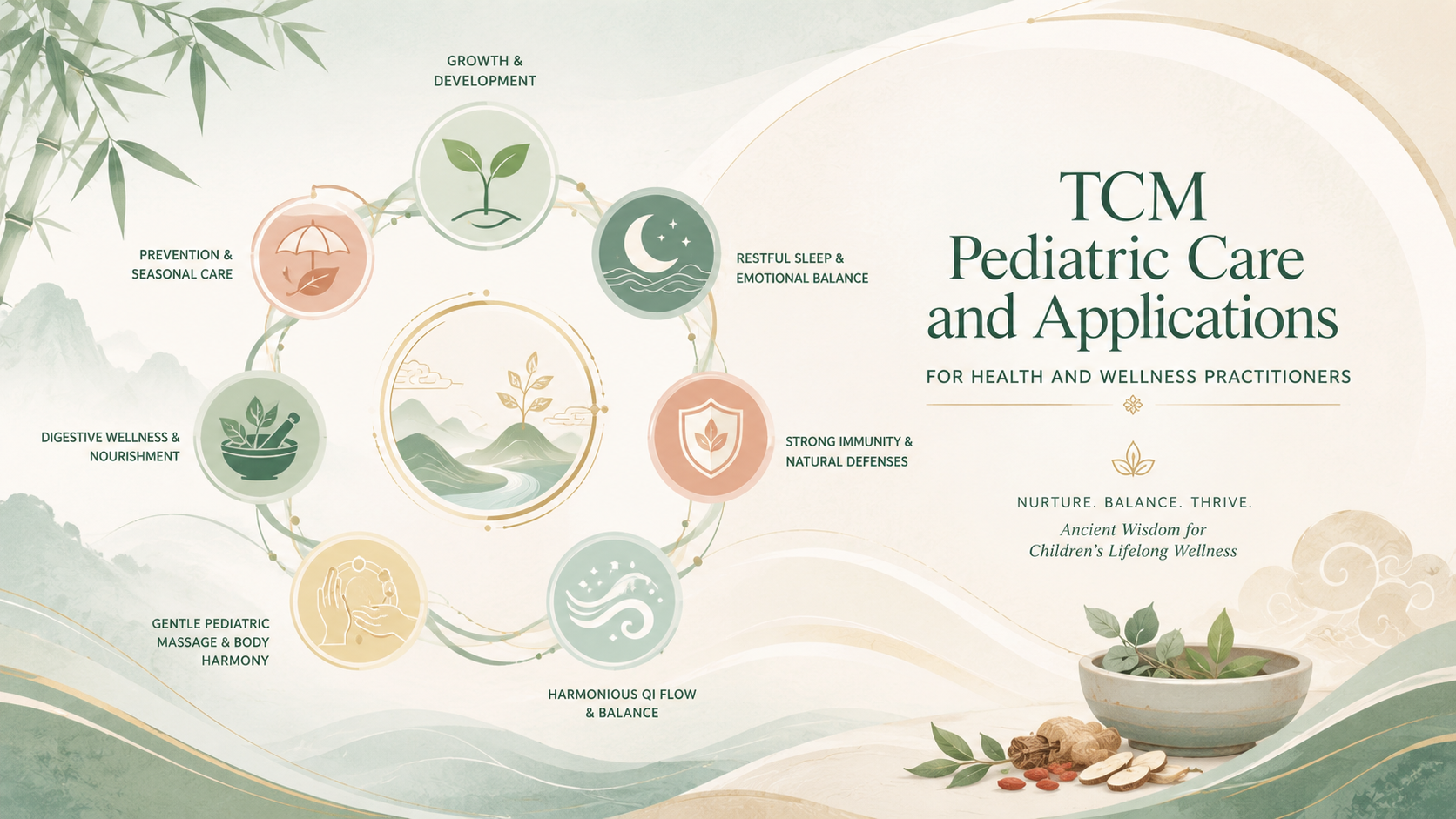 TCM pediatric care concept image showing child wellness, paediatric massage, growth stages, family care and Traditional Chinese Medicine