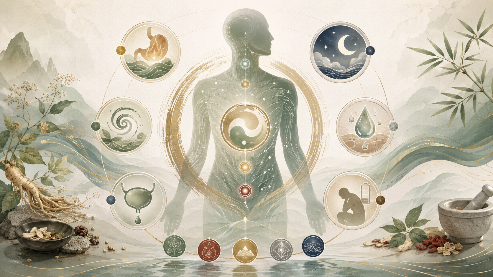 Sub-health management TCM concept image showing sleep, digestion, fatigue, perspiration, vertigo, frequent urination, Qi and Blood balance