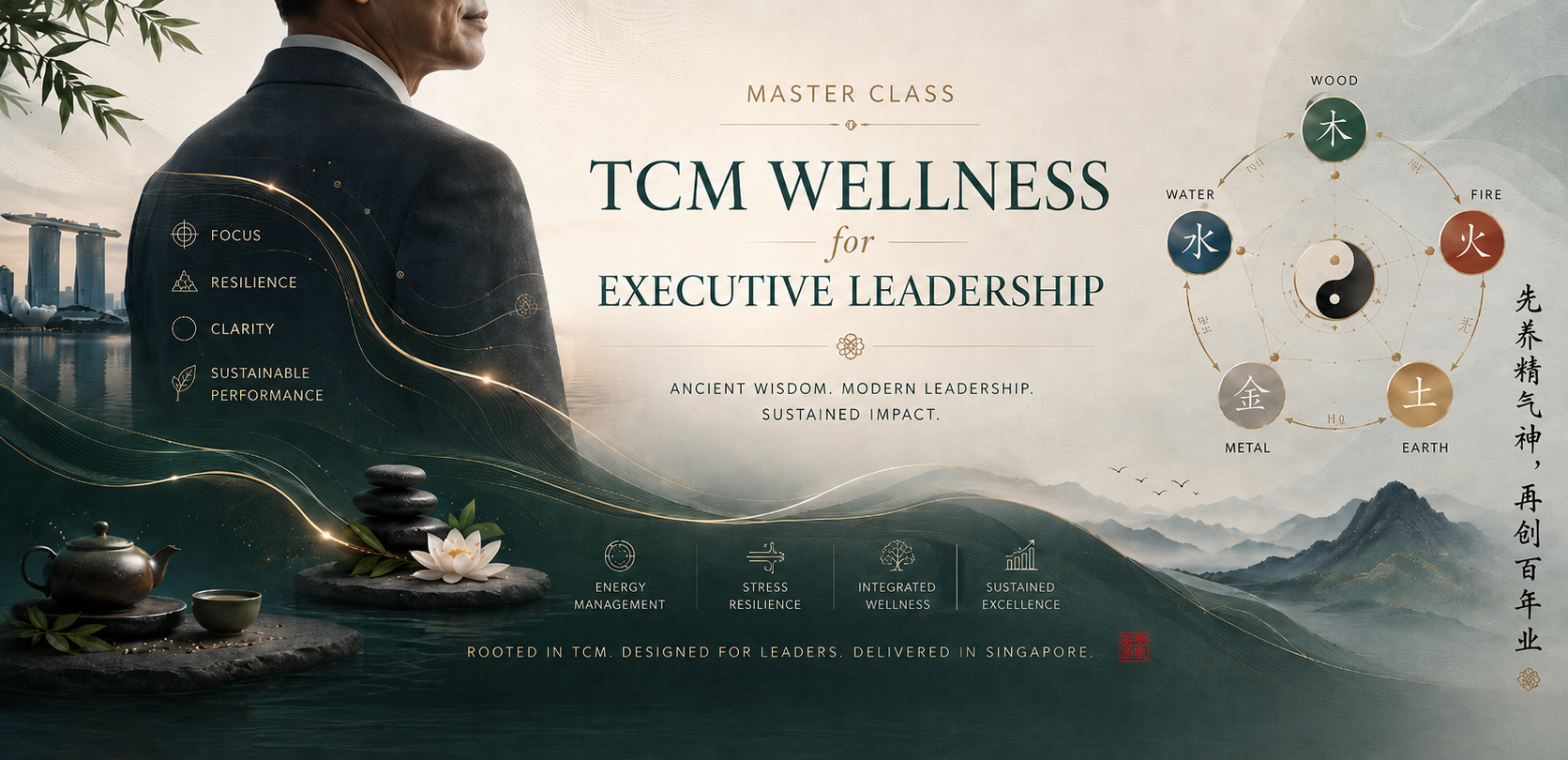 Master Class TCM Wellness for Executive Leadership course banner representing vitality, resilience, decision clarity and leadership sustainability