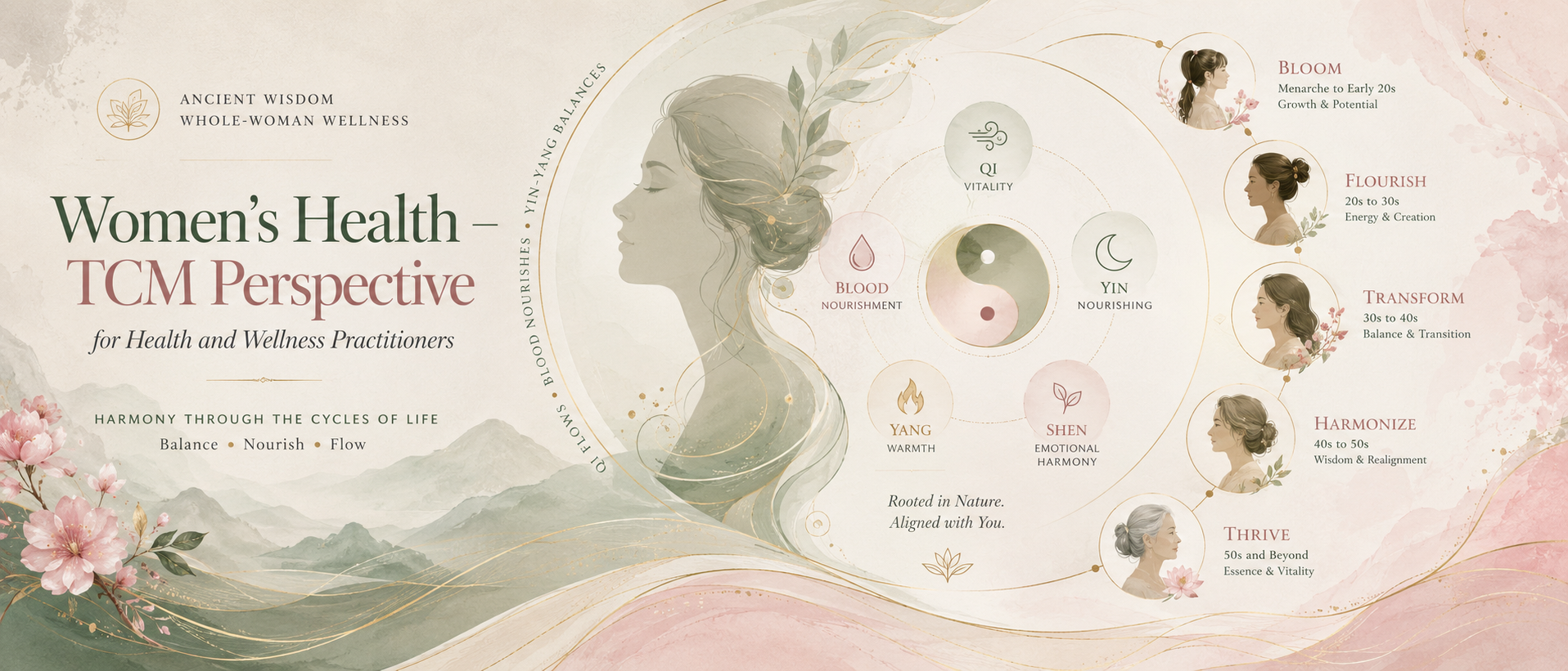 TCM women’s health concept image showing life stages, Qi, Blood, Essence, nourishment, emotional balance and wellness