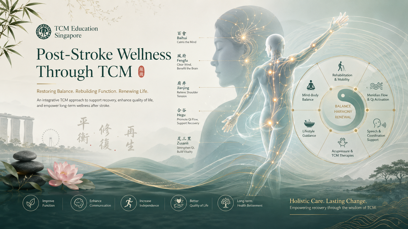 TCM stroke recovery concept image showing meridian pathways, rehabilitation, balance, movement recovery, caregiver support and health betterment